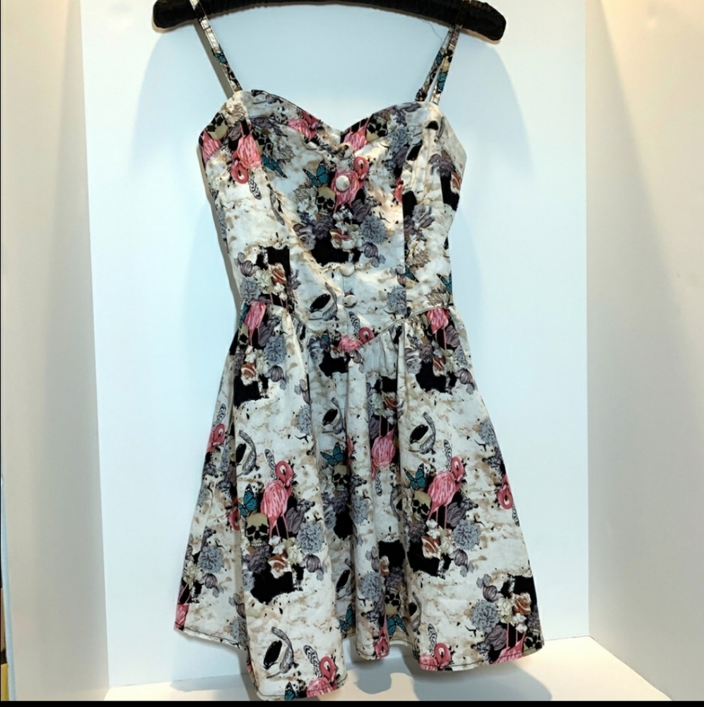 Hell Bunny Flamingo & Skulls Dress w/ elastic back